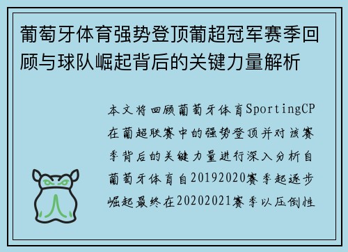 葡萄牙体育强势登顶葡超冠军赛季回顾与球队崛起背后的关键力量解析