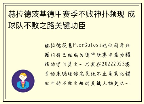 赫拉德茨基德甲赛季不败神扑频现 成球队不败之路关键功臣
